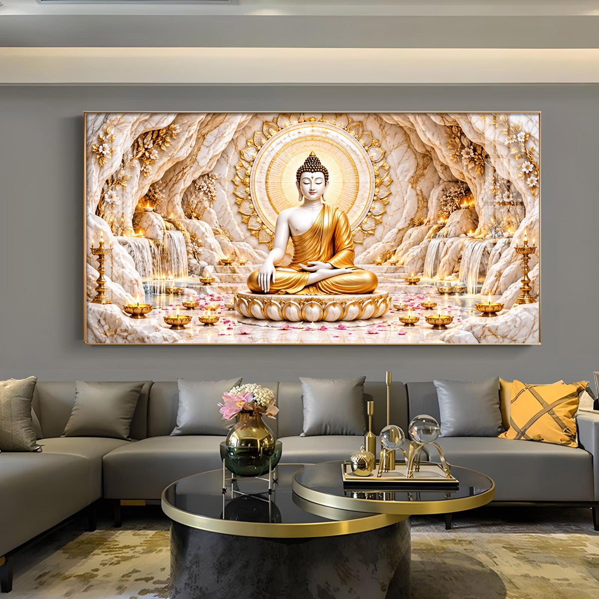 Buddha Meditation in Cave Glass Finish Horizontal Wall Art