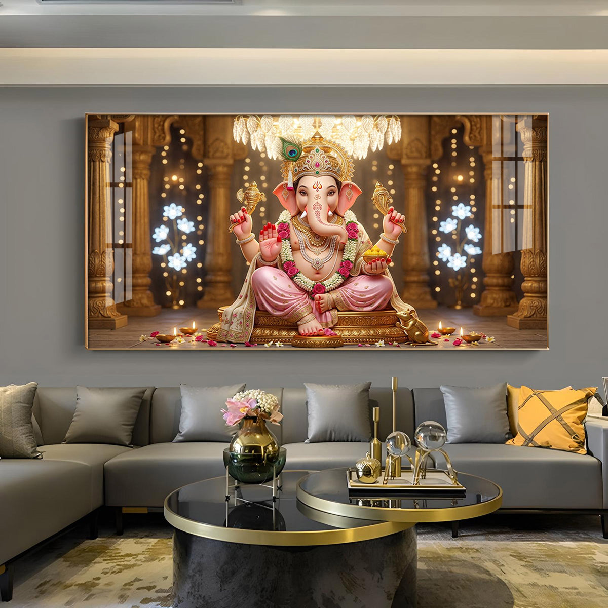 Lord Ganesha with Peacock Feather Glass Finish Horizontal Wall Art