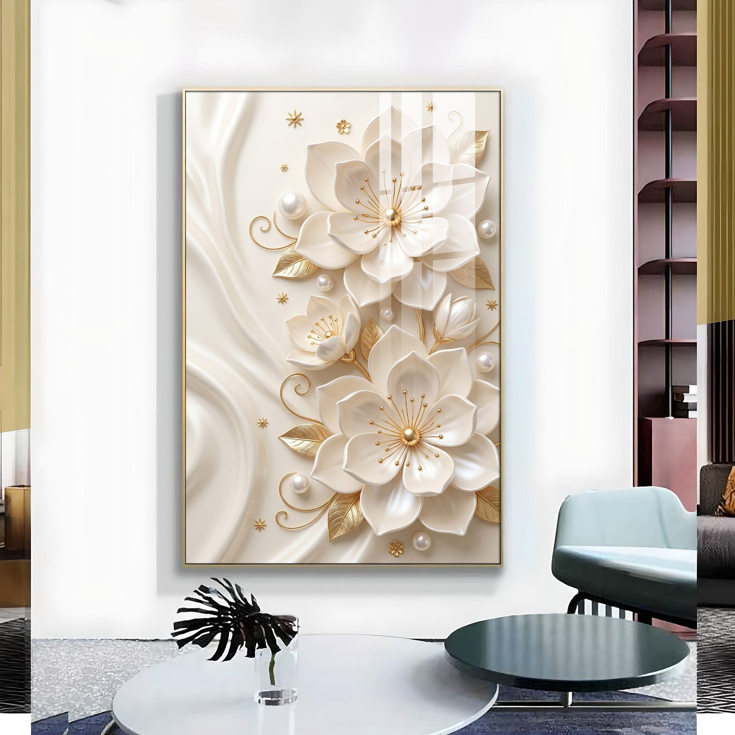 White Flowers With Golden Elements Glass Finish Vertical Wall Art