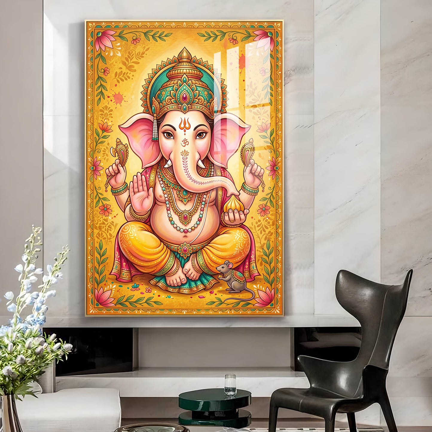 Shree Ganesh Bhagwan Glass Finish Vertical Wall Art