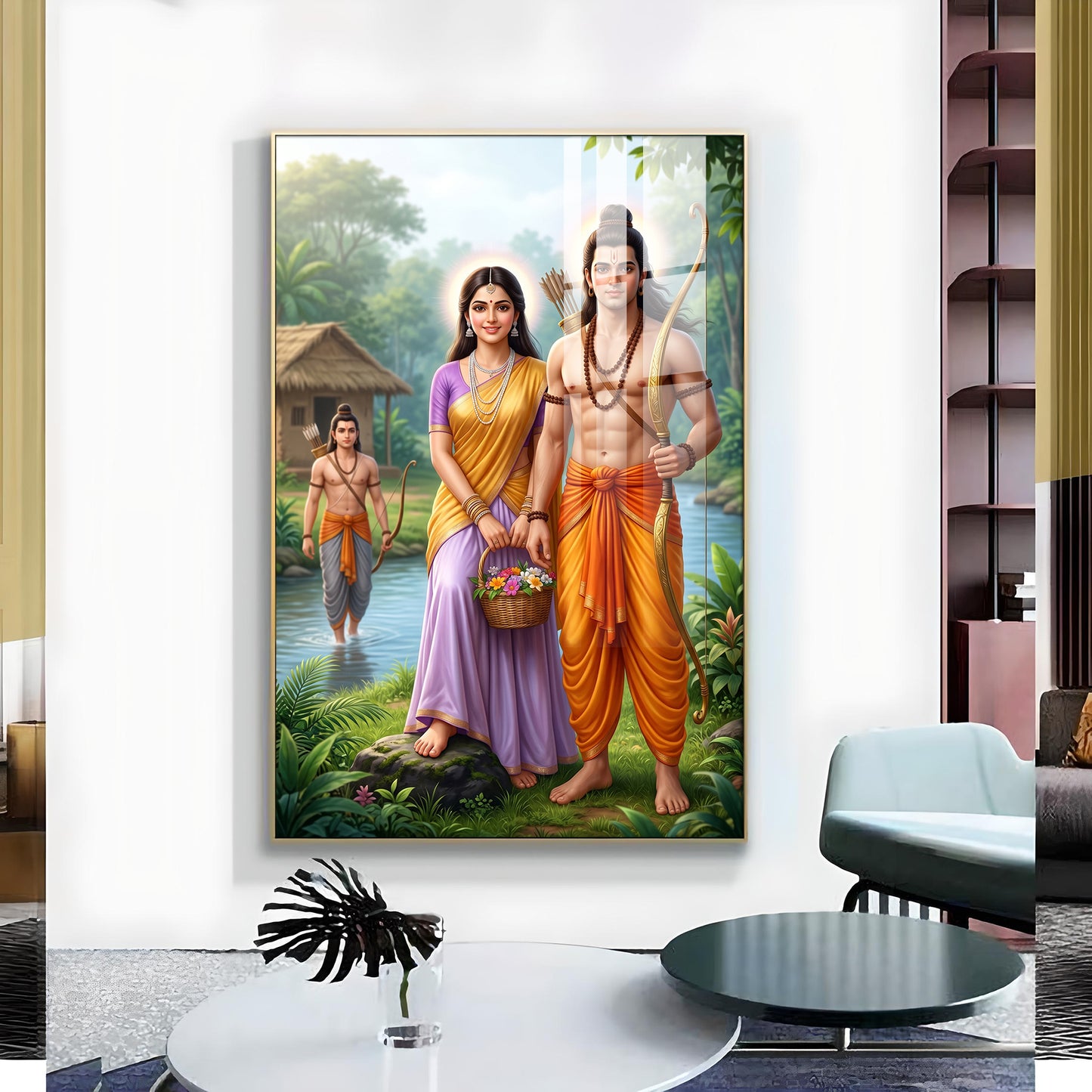 Lord Ram Siya With Lakshman Glass Finish Vertical Wall Art
