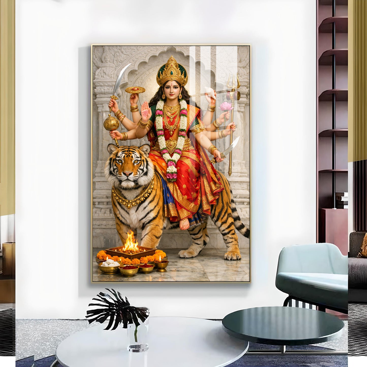 Maa Durga Seated On Tiger Glass Finish Vertical Wall Art