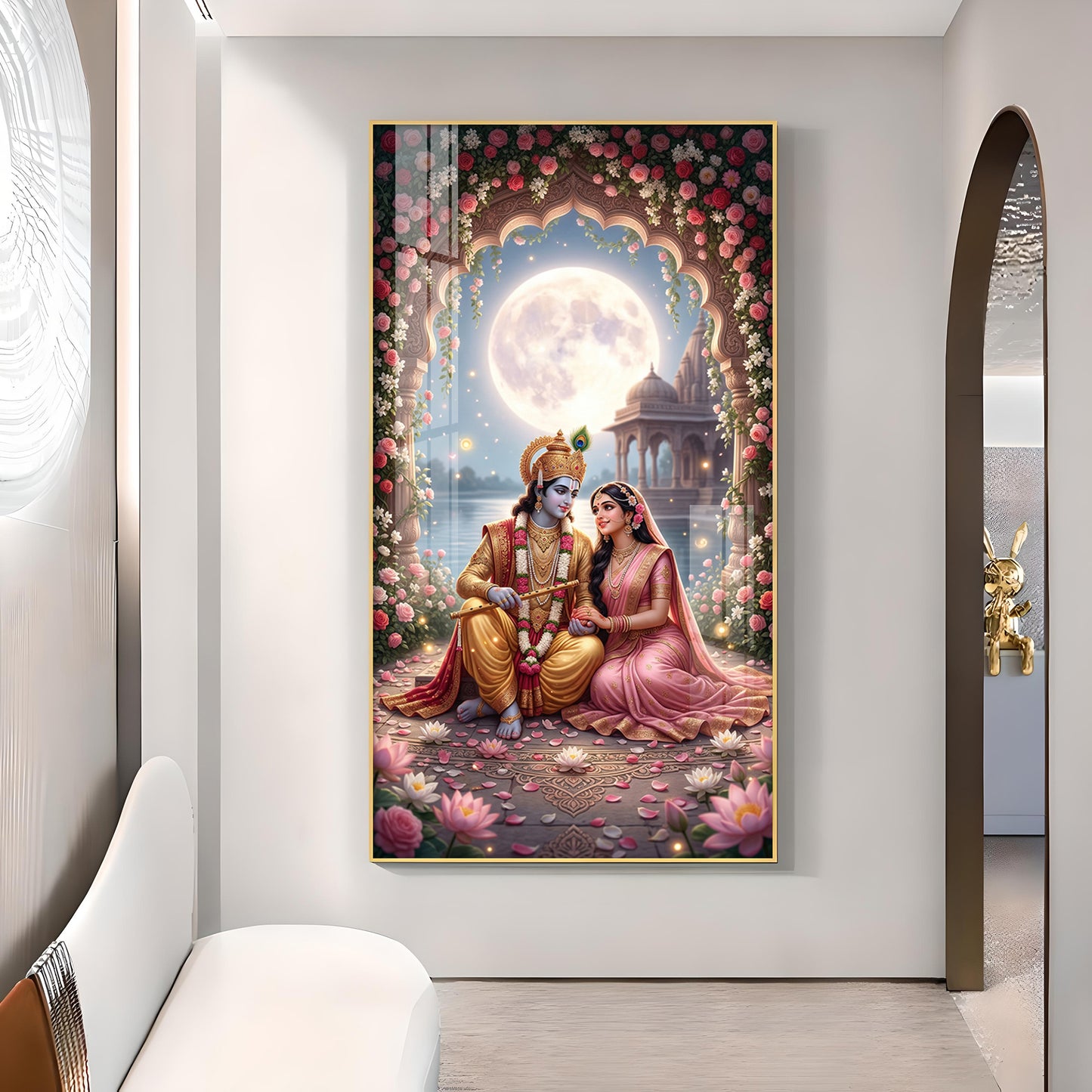 Religious Shri Radhe Krishna Glass Finish Vertical Wall Art