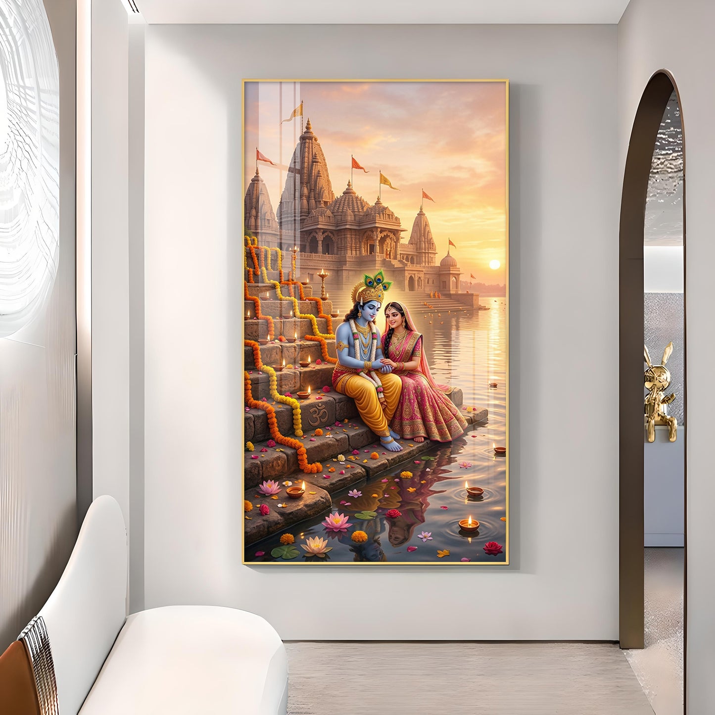 Radha Krishna On Ghat Glass Finish Vertical Wall Art