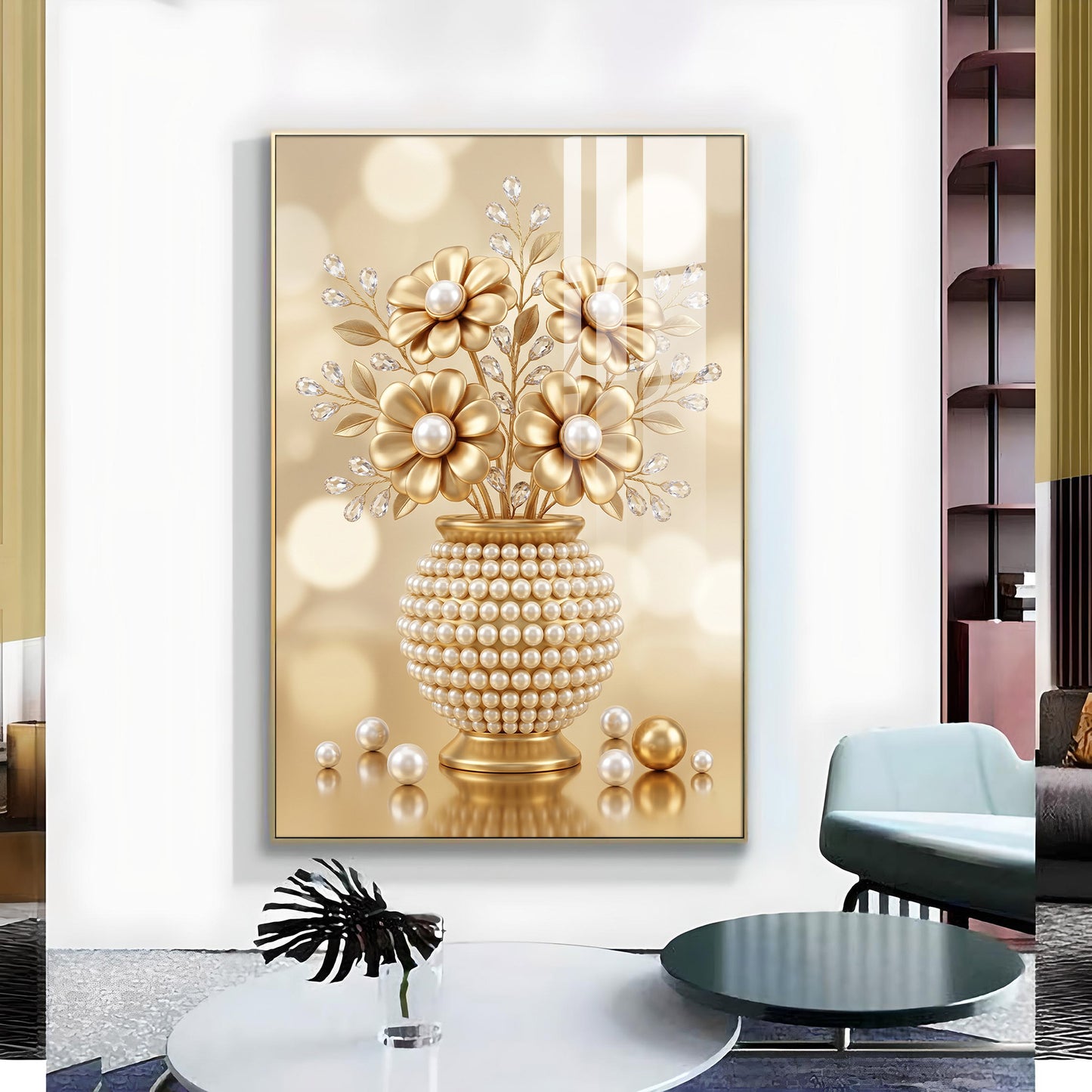 Golden Flowers With Vase Glass Finish Vertical Wall Art
