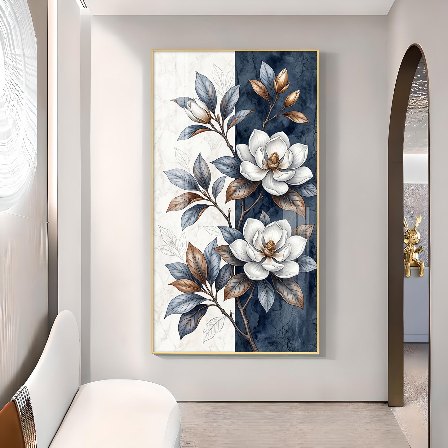 White & Blue Magnolias Flowers Glass Finish Vertical Wall Art