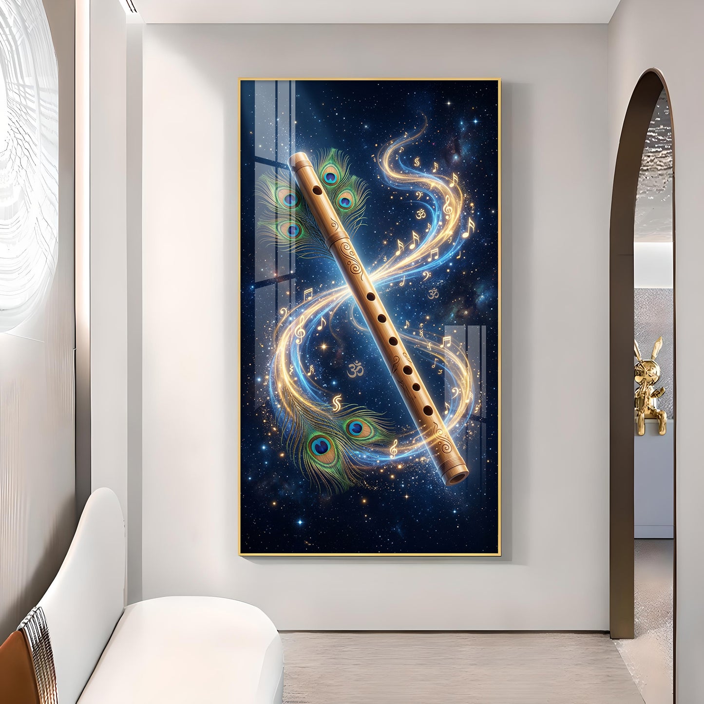 Flute With Peacock Feathers Glass Finish Vertical Wall Art