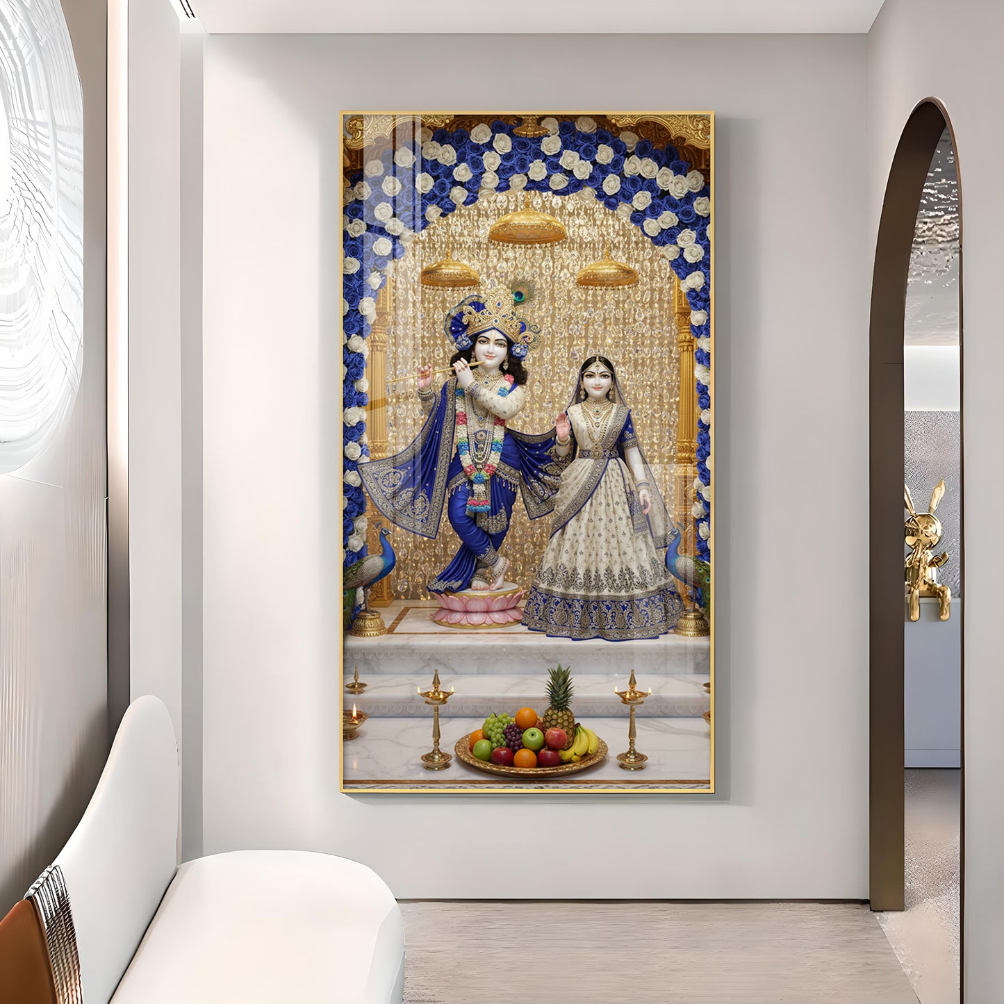 Deities Radha & Krishna Glass Finish Vertical Wall Art