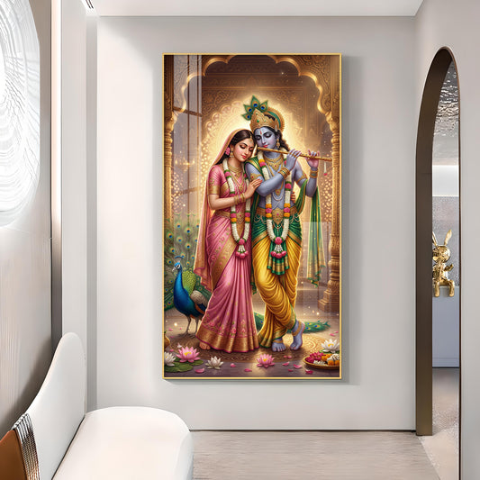 Eternal Bond of Radha Krishna Glass Finish Vertical Wall Art