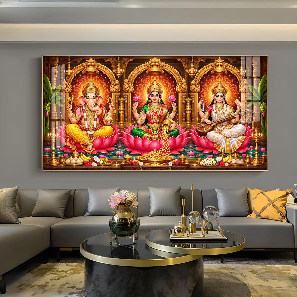 Goddess Lakshmi, Saraswati & Ganesha Glass Finish Horizontal Wall Art