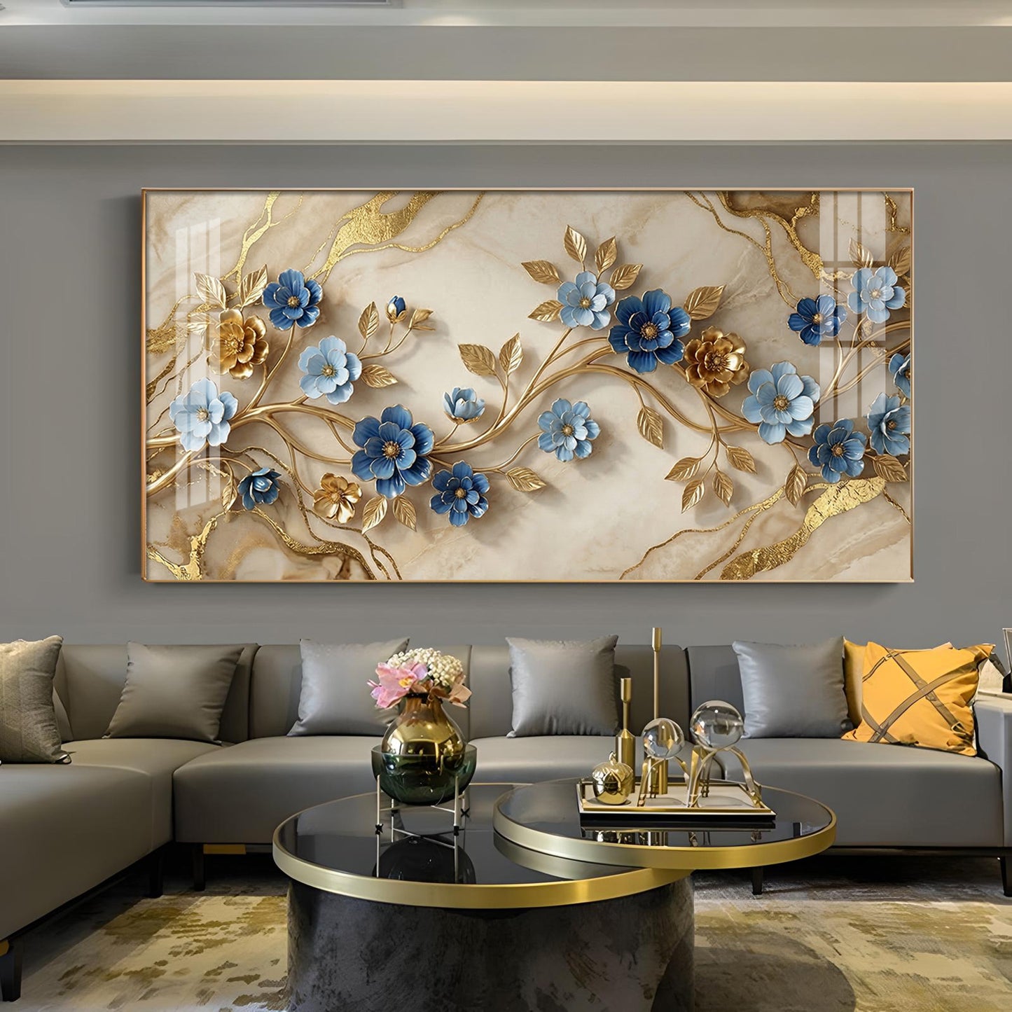 Elegant Blue Flower Glass Finish Horizontal Wall Art