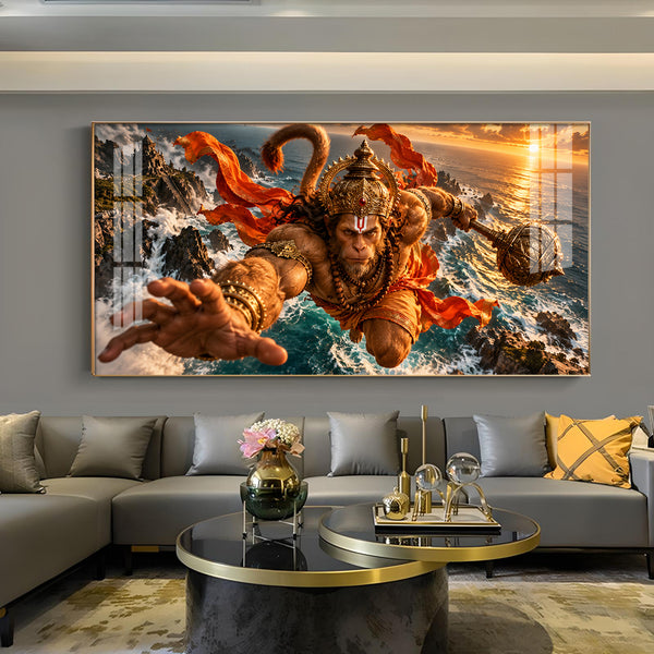 Shri Hanuman Ocean Leap Glass Finish Horizontal Wall Art