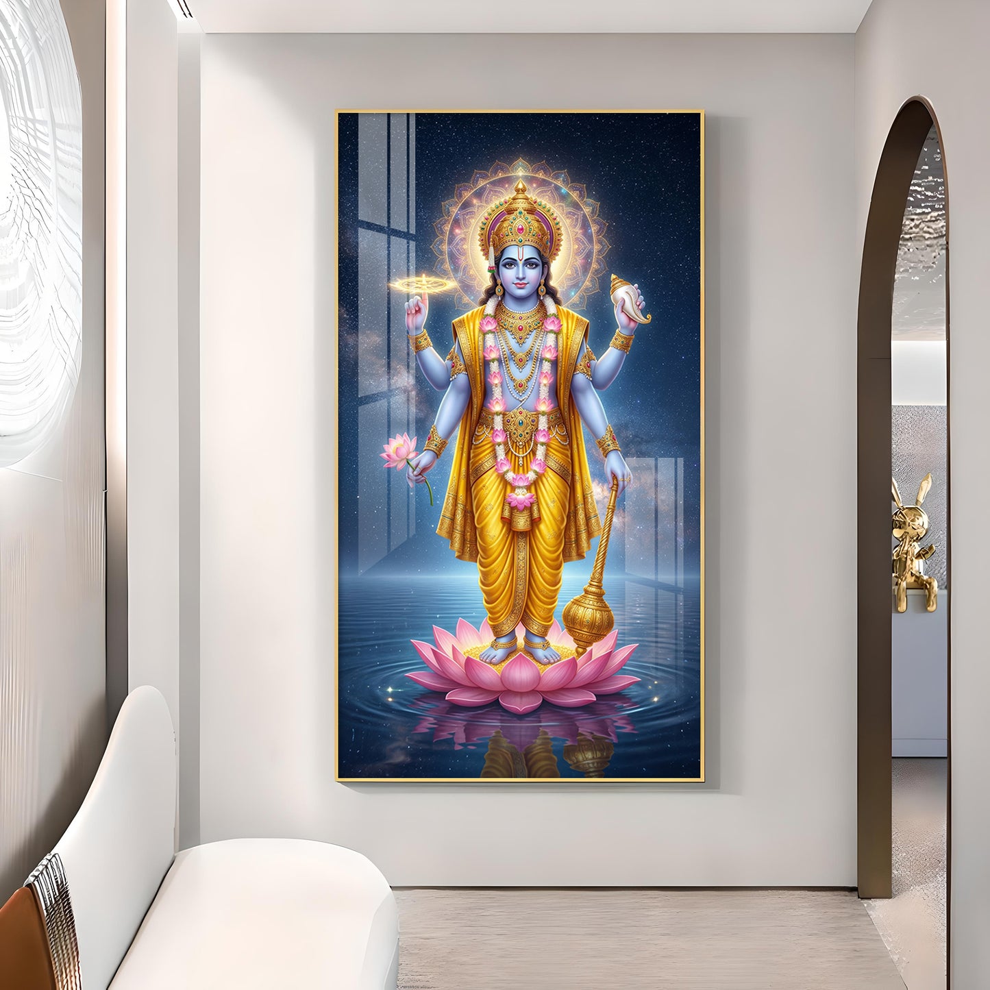 Divine Lord Vishnu Ji On Lotus Glass Finish Vertical Wall Art