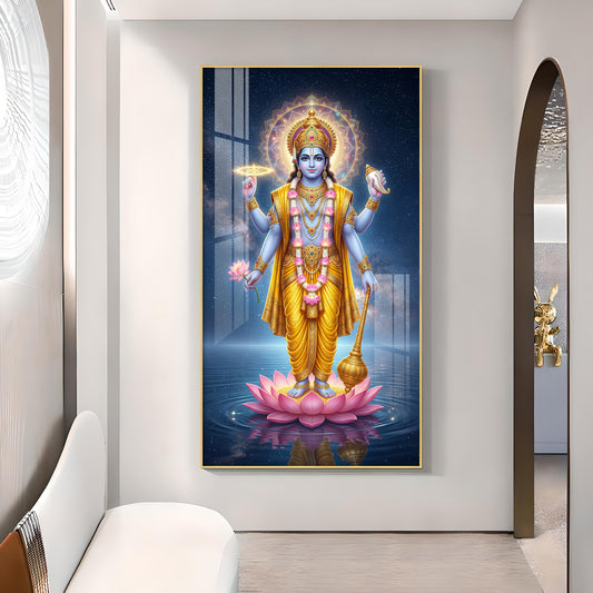 Divine Lord Vishnu Ji On Lotus Glass Finish Vertical Wall Art