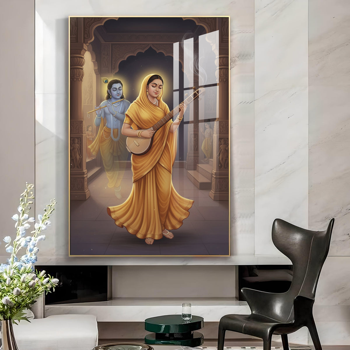 Meera Bai and Krishna Glass Finish Vertical Wall Art