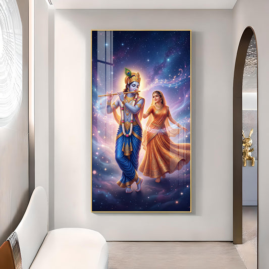 Radha Krishna Divine Glass Finish Vertical Wall Art