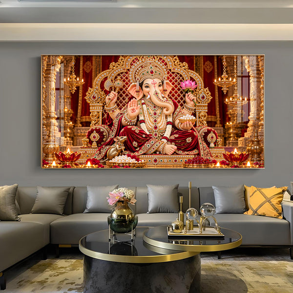 Lord Ganesha in Crimson Attire Glass Finish Horizontal Wall Art