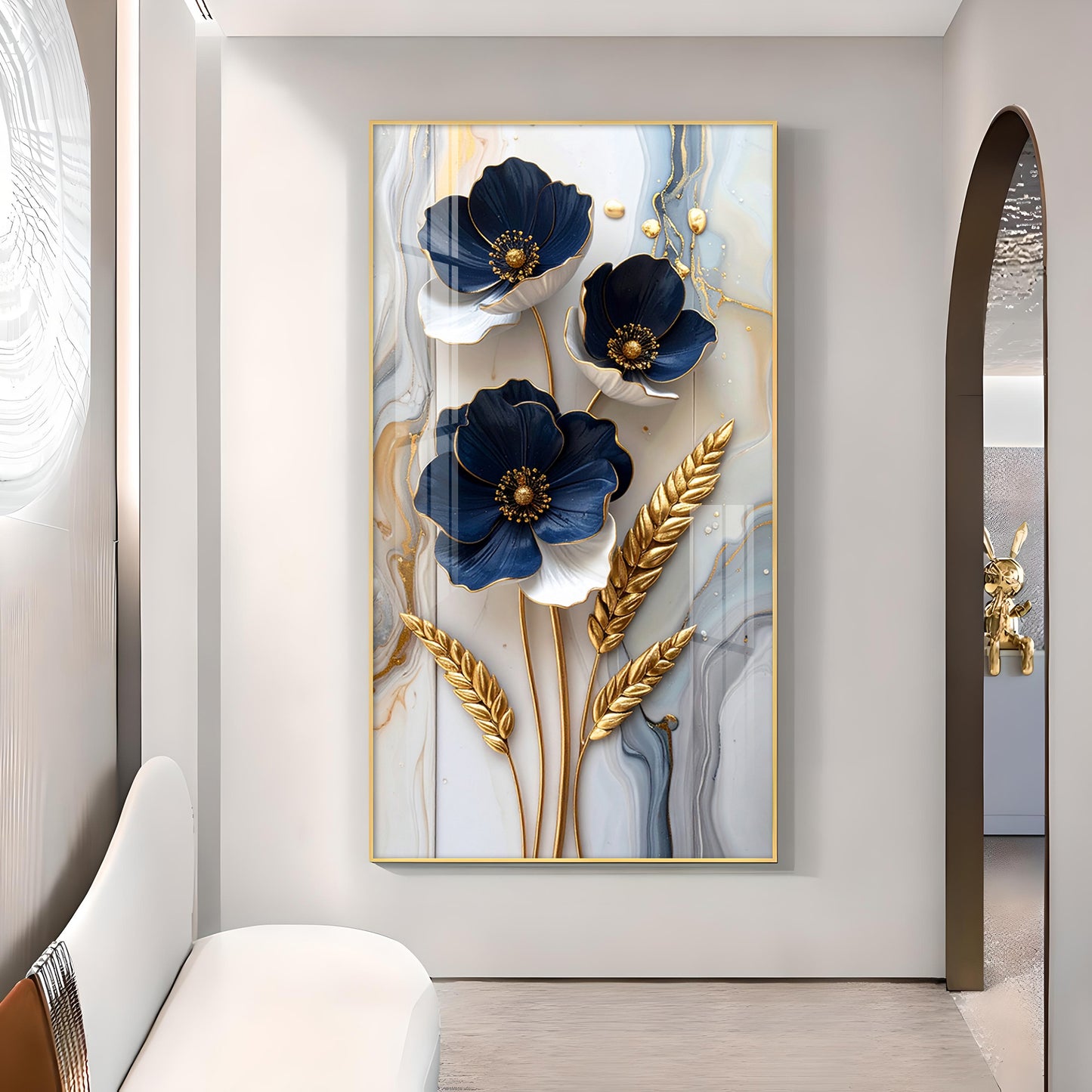 Blue & Gold Serenity Glass Finish Vertical Wall Art