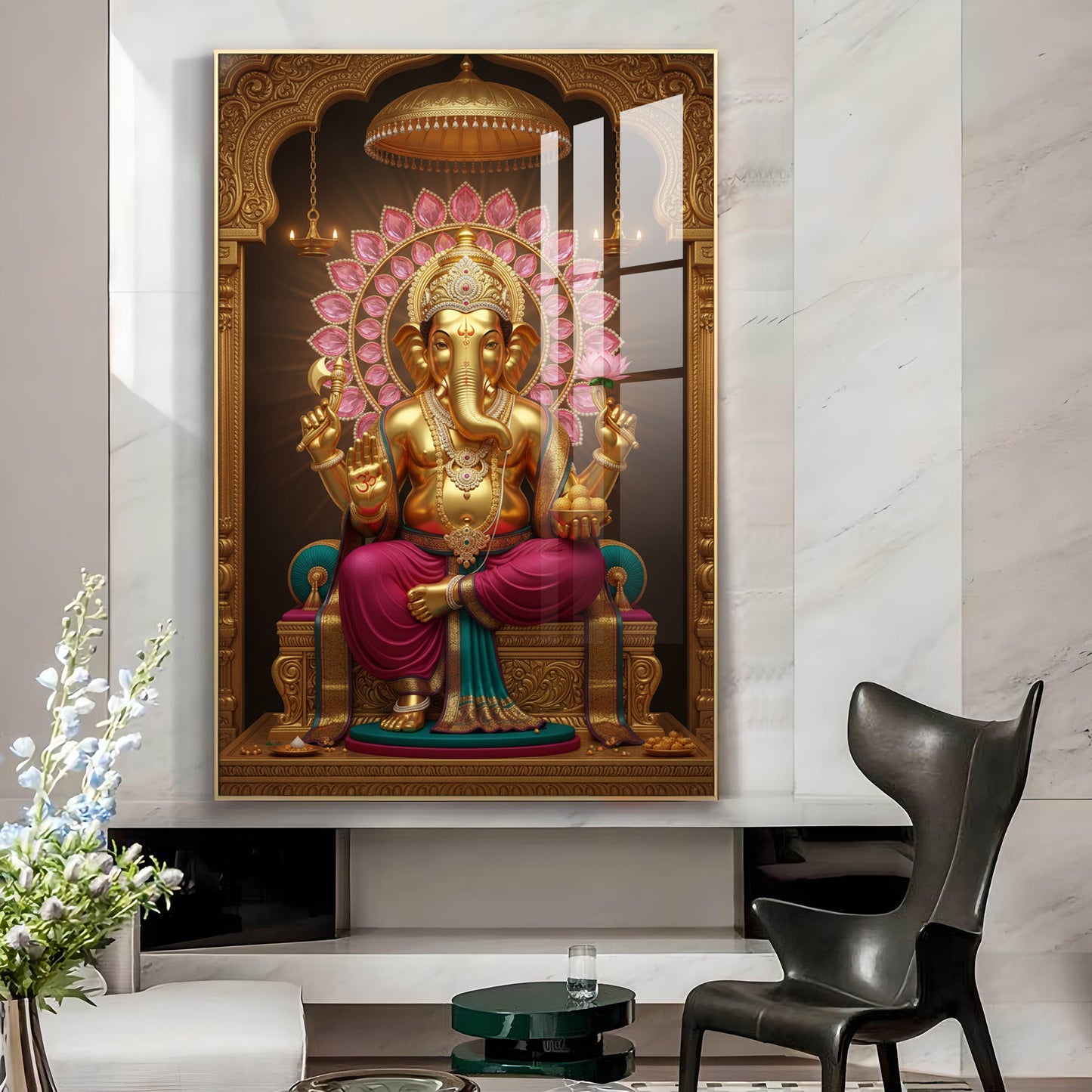Lord Ganesha With Intricate Floral Glass Finish Vertical Wall Art