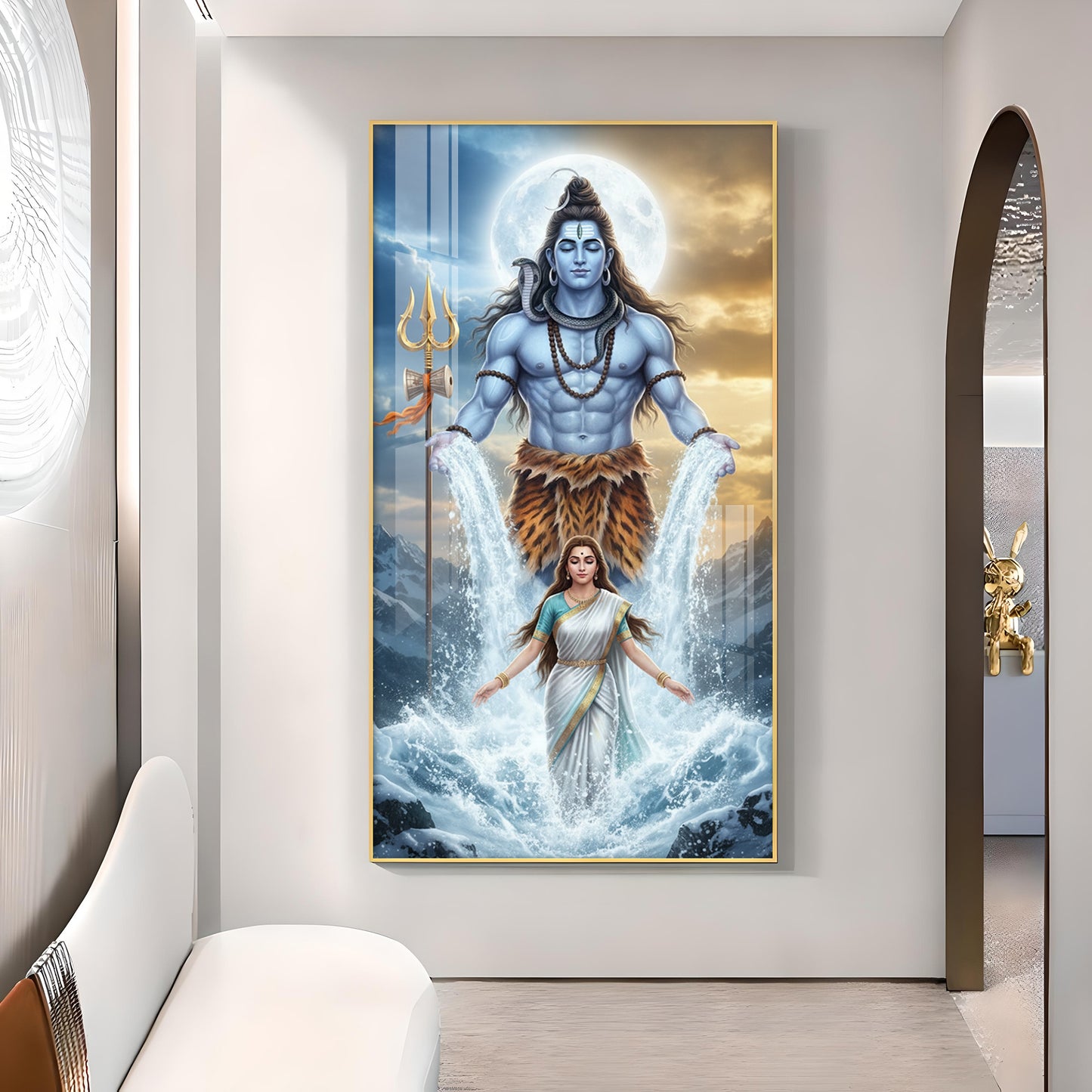 Shiv Parvati Glass Finish Vertical Wall Art