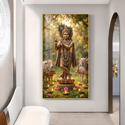 Lord Krishna With Playing the Flute Glass Finish Vertical Wall Art