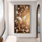 Golden Vines With White Butterflies Glass Finish Vertical Wall Art