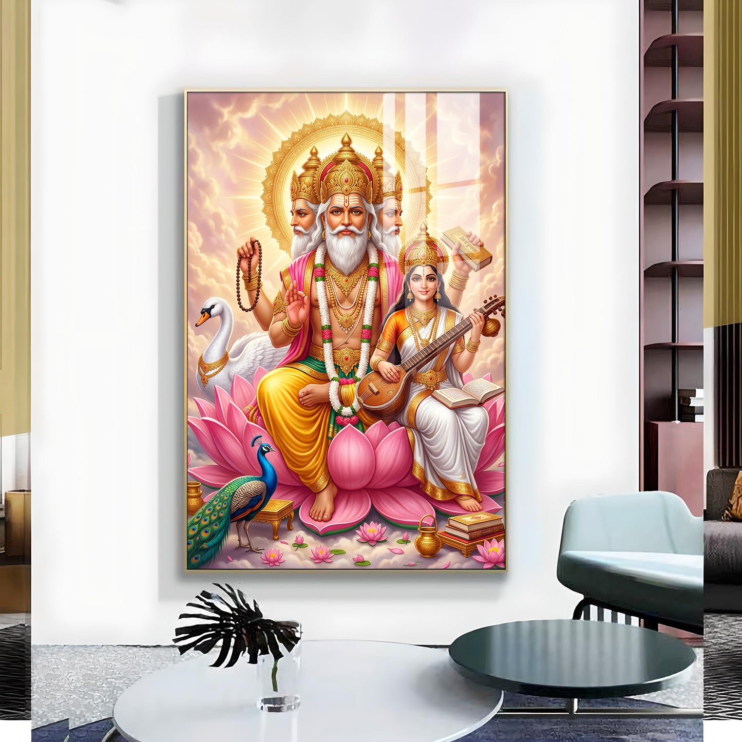 God Brahma Alongside Saraswati Glass Finish Vertical Wall Art