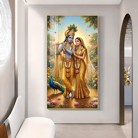 Radha Krishna Divine Love Glass Finish Vertical Wall Art