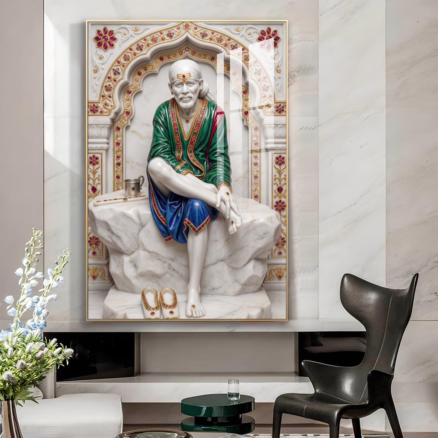 Lord Sai Baba Glass Finish Vertical Wall Art