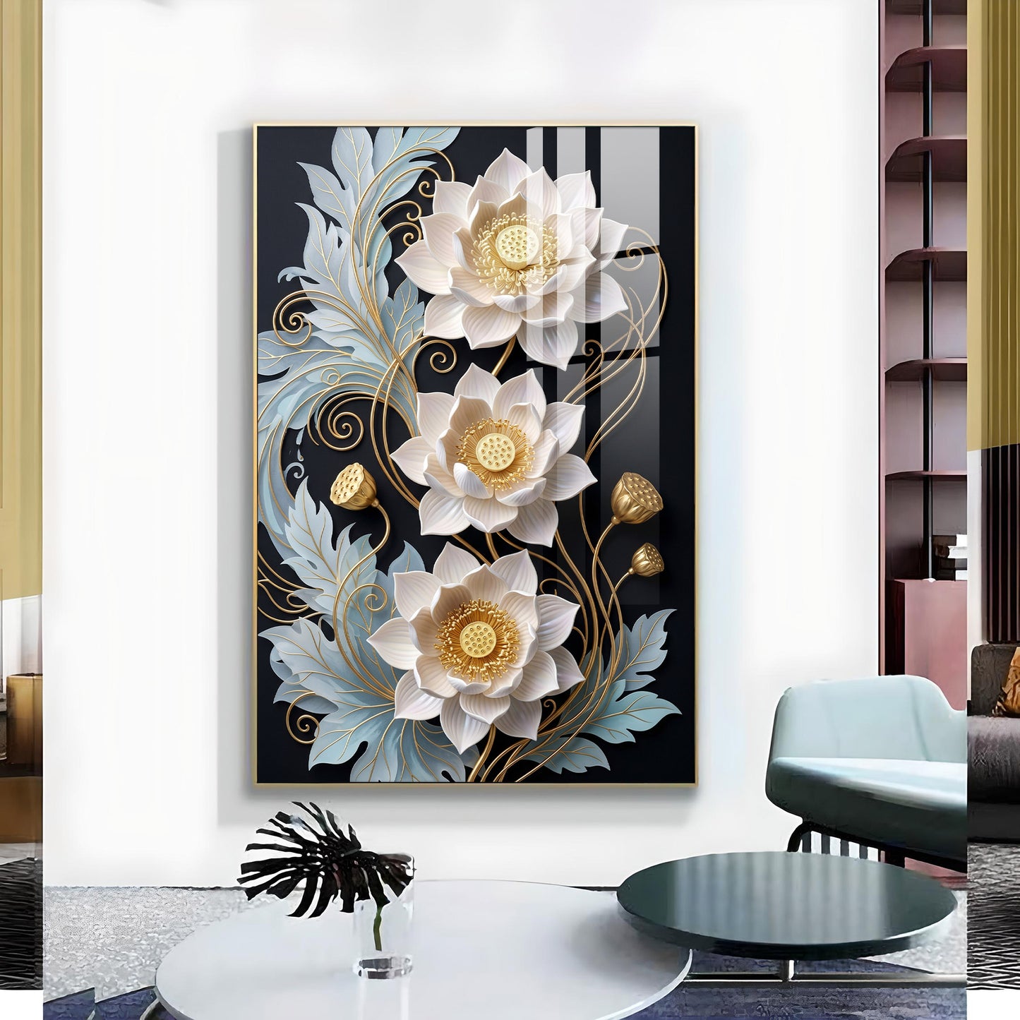 White Lotus With Golden Accents Glass Finish Vertical Wall Art