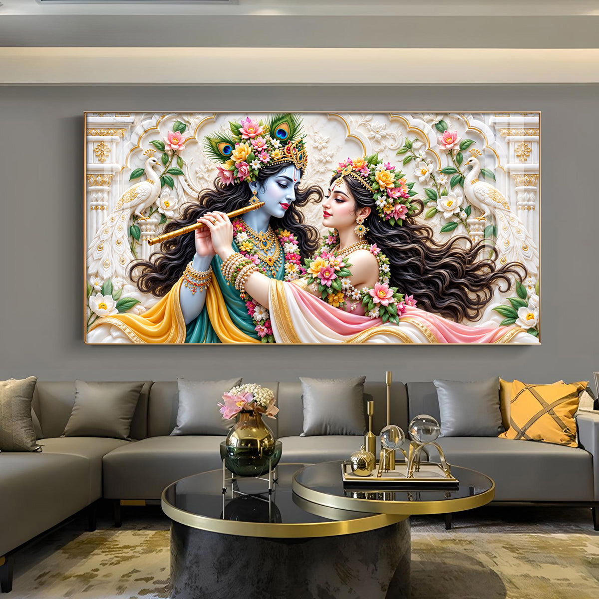 Sacred Radha Krishna Glass Finish Horizontal Wall Art
