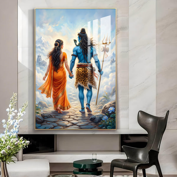 Divine Shiv Ji & Parvati Glass Finish Vertical Wall Art