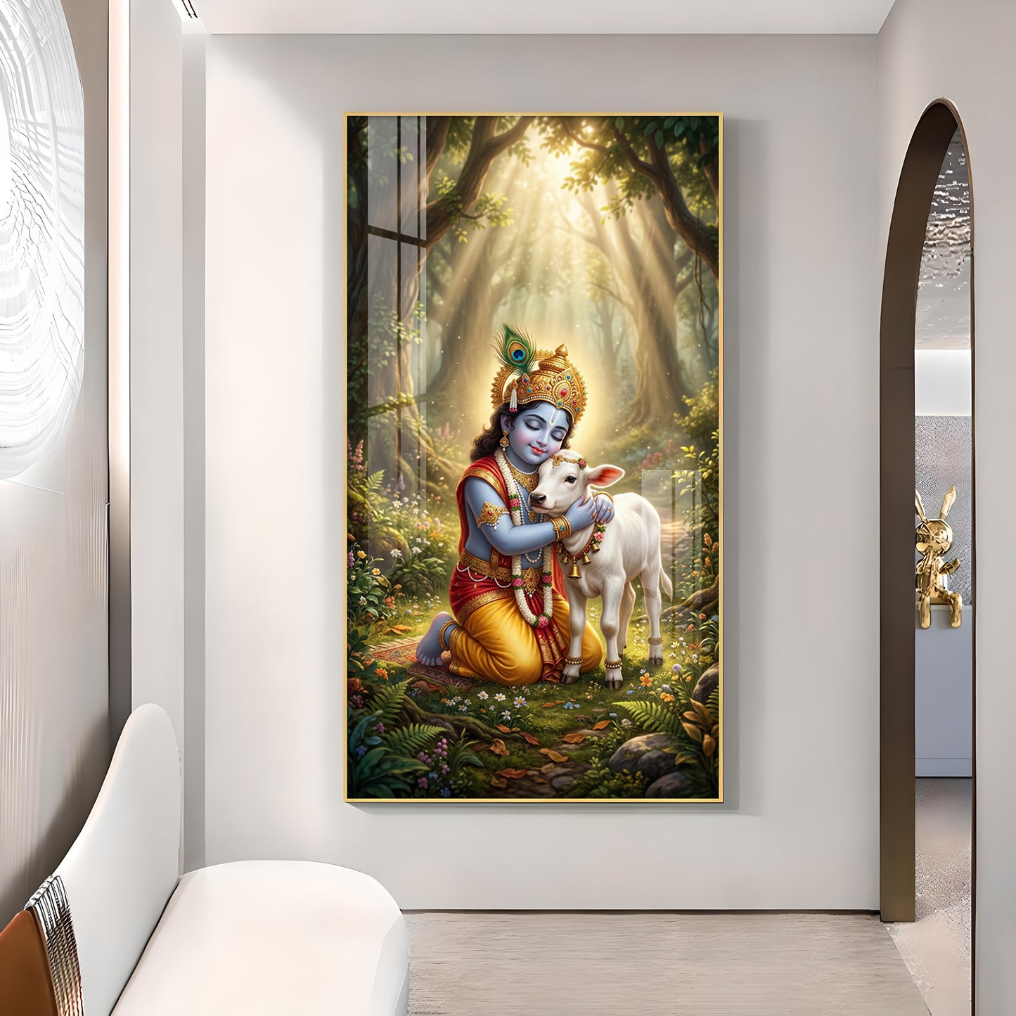 Bal Krishna With Calf Glass Finish Vertical Wall Art