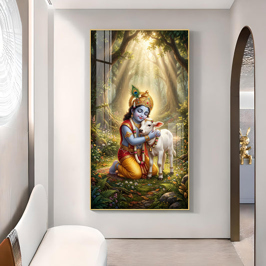 Bal Krishna With Calf Glass Finish Vertical Wall Art