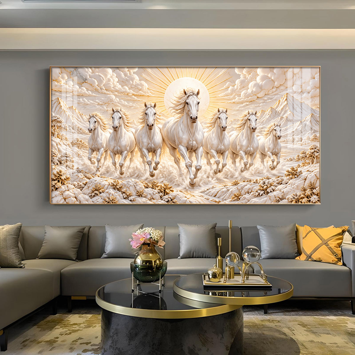 7 Running White Horses Glass Finish Horizontal Wall Art