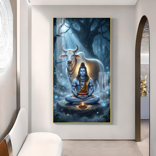 Meditating Lord Shiv With Nandi Glass Finish Vertical Wall Art