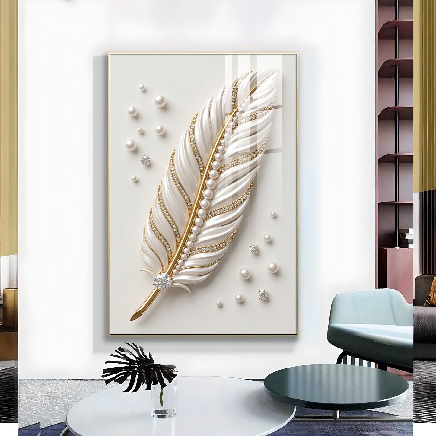 White & Gold Finish Feather Glass Finish Vertical Wall Art