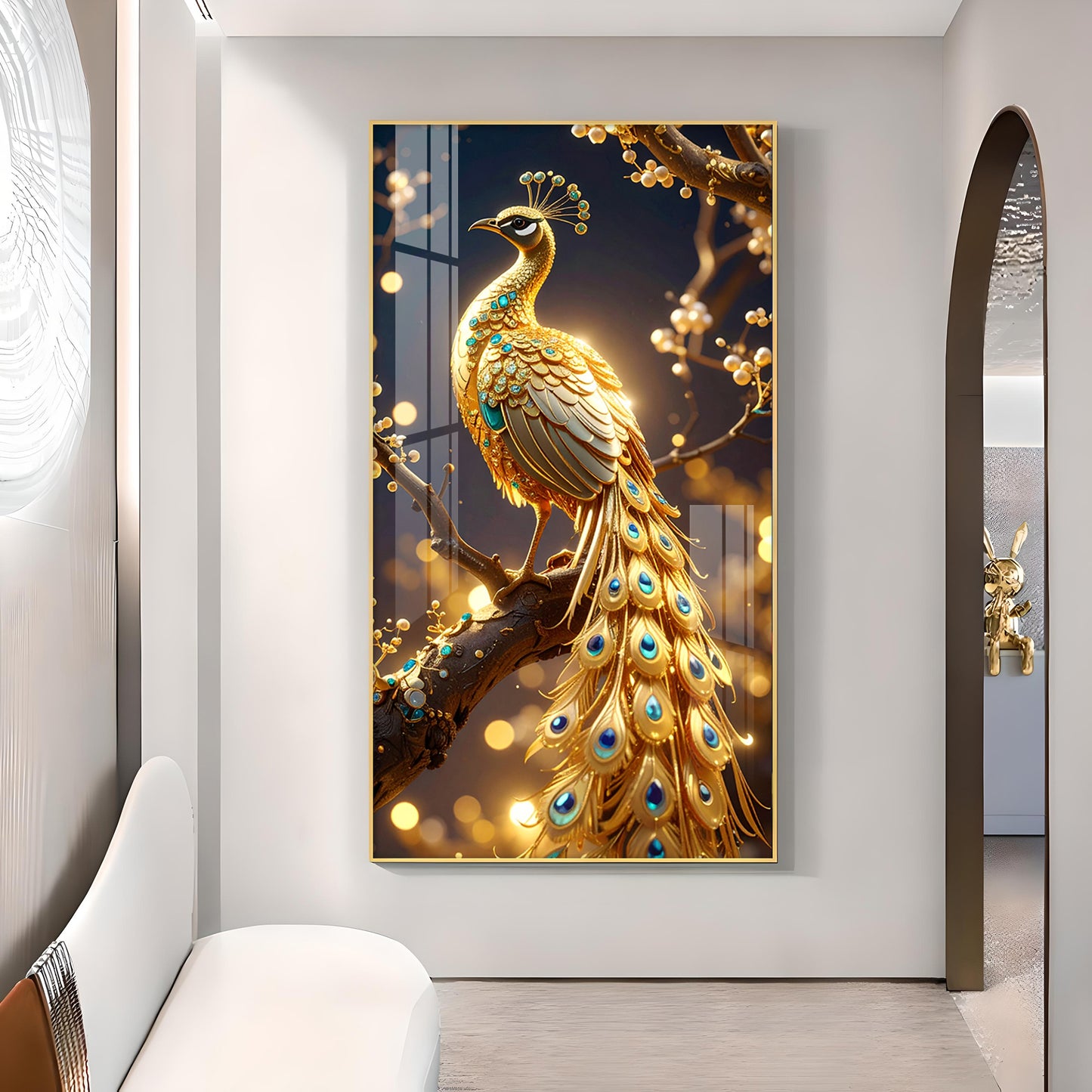 Celestial Golden Peacock Glass Finish Vertical Wall Art