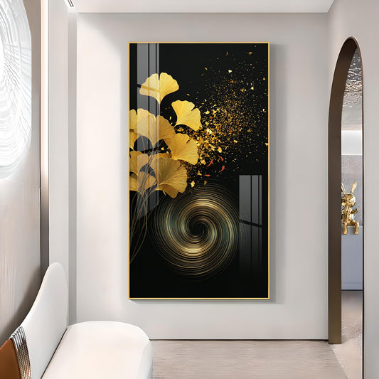 Gold Ginkgo Leaves Glass Finish Vertical Wall Art