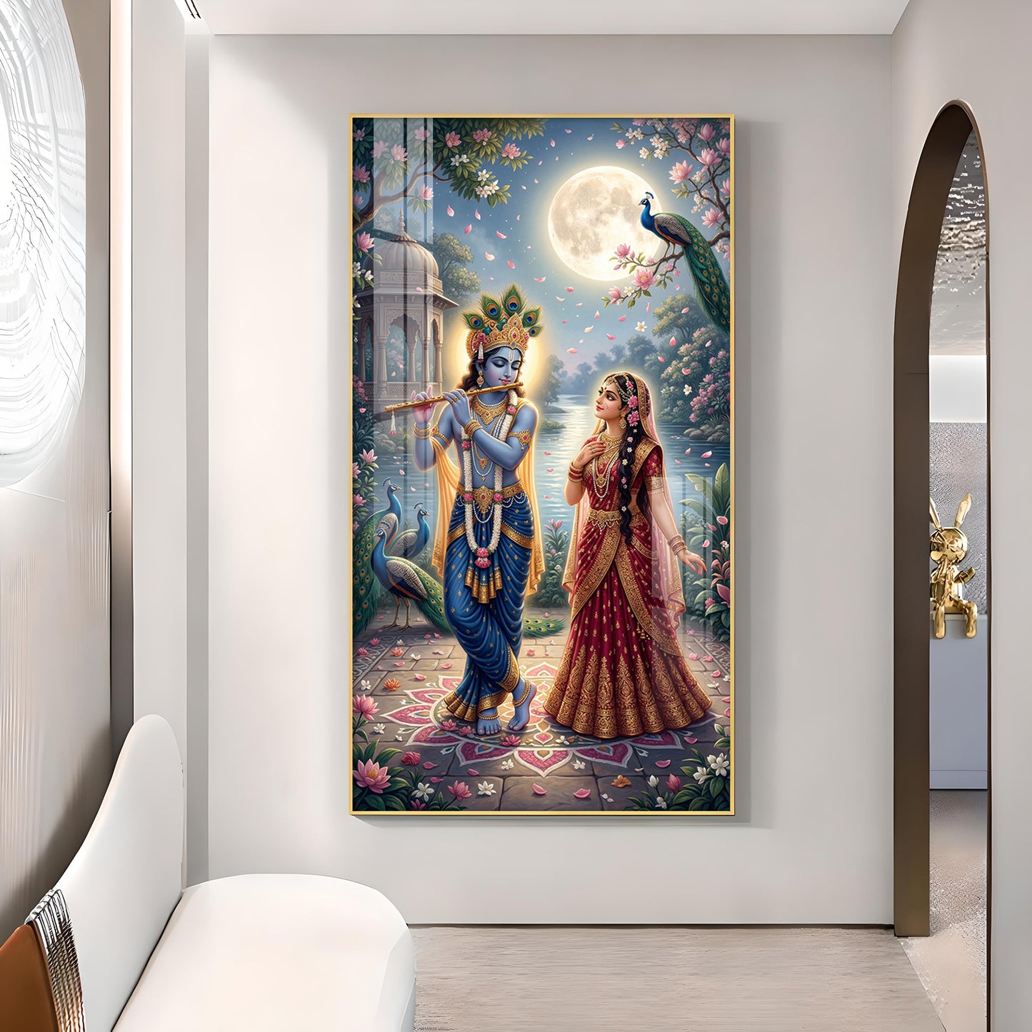 Sri Radha Krishna Glass Finish Vertical Wall Art