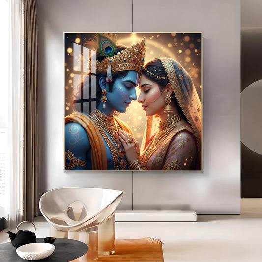 Loving Radhe Krishna Glass Finish Square Wall Art