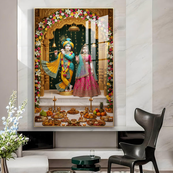 Lord Krishna and Radha Glass Finish Vertical Wall Art