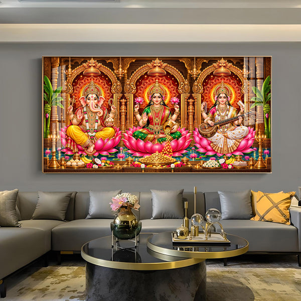 Goddess Lakshmi, Saraswati & Ganesha Glass Finish Horizontal Wall Art