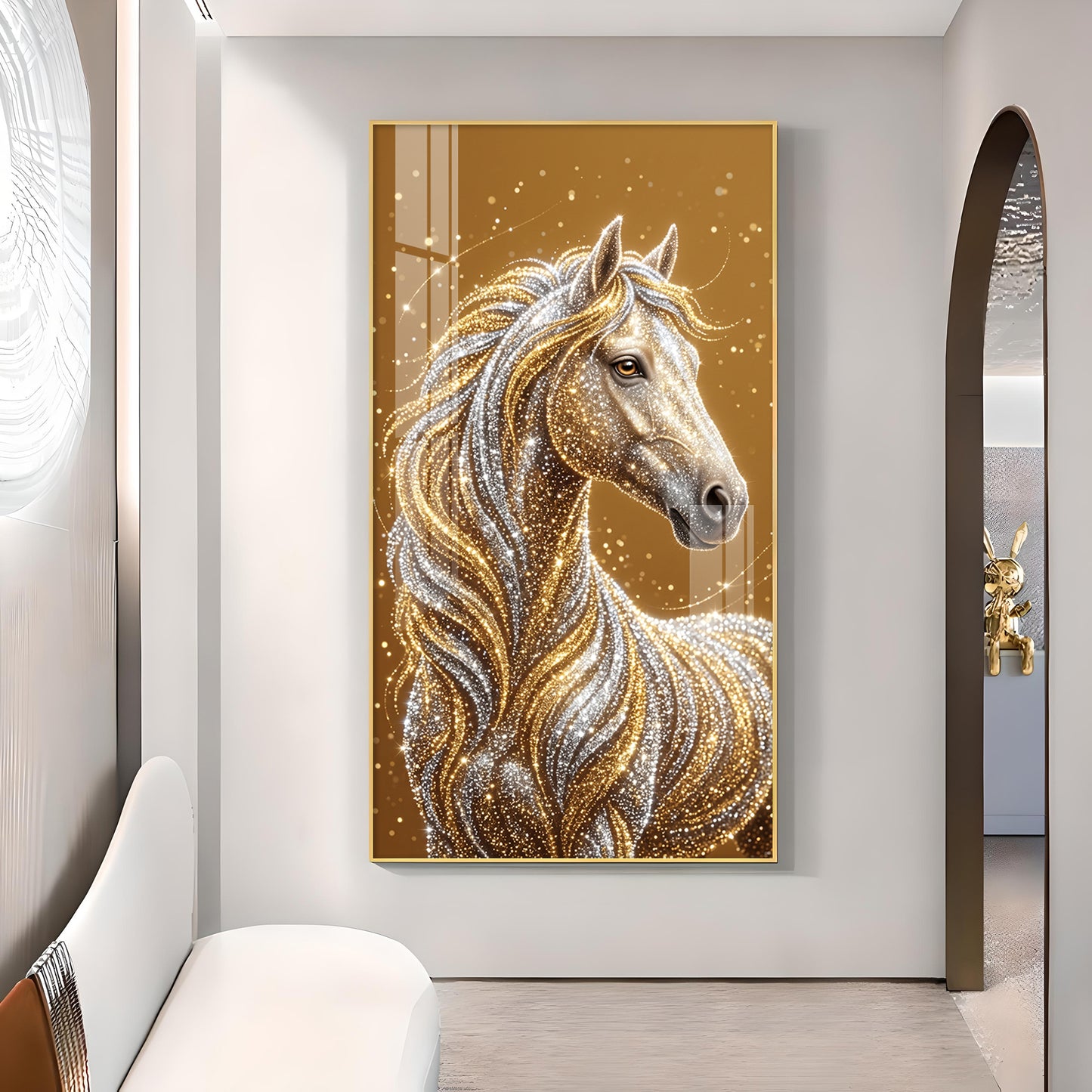 Horse In Gold & Silver Mane Glass Finish Vertical Wall Art