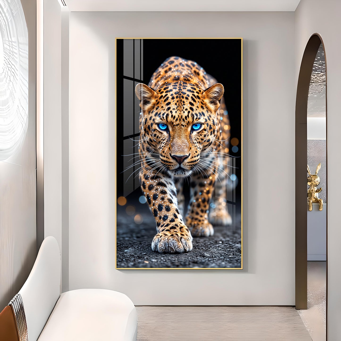 Wild Leopard With Blue Eyes Glass Finish Vertical Wall Art