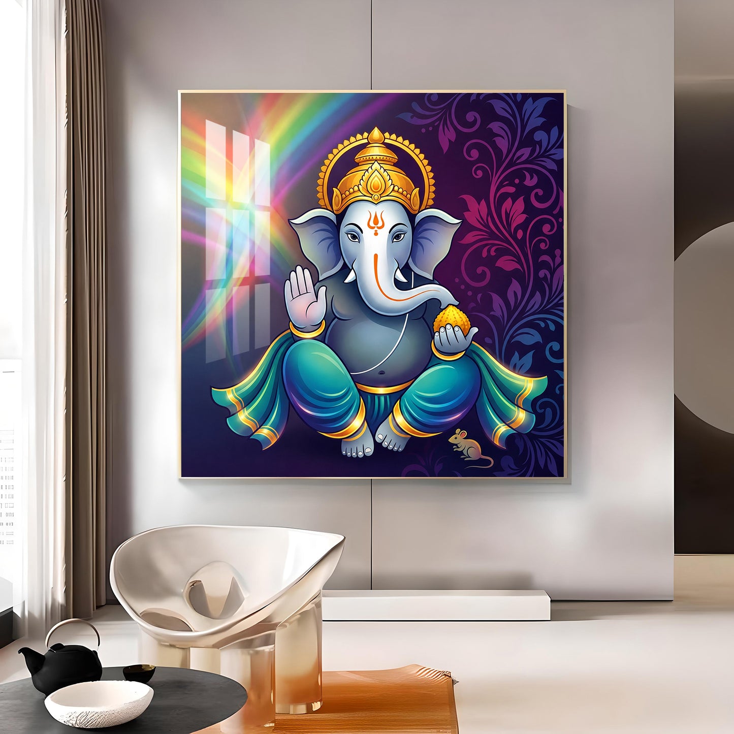 Hindu Deity Lord Ganesha Glass Finish Square Wall Art