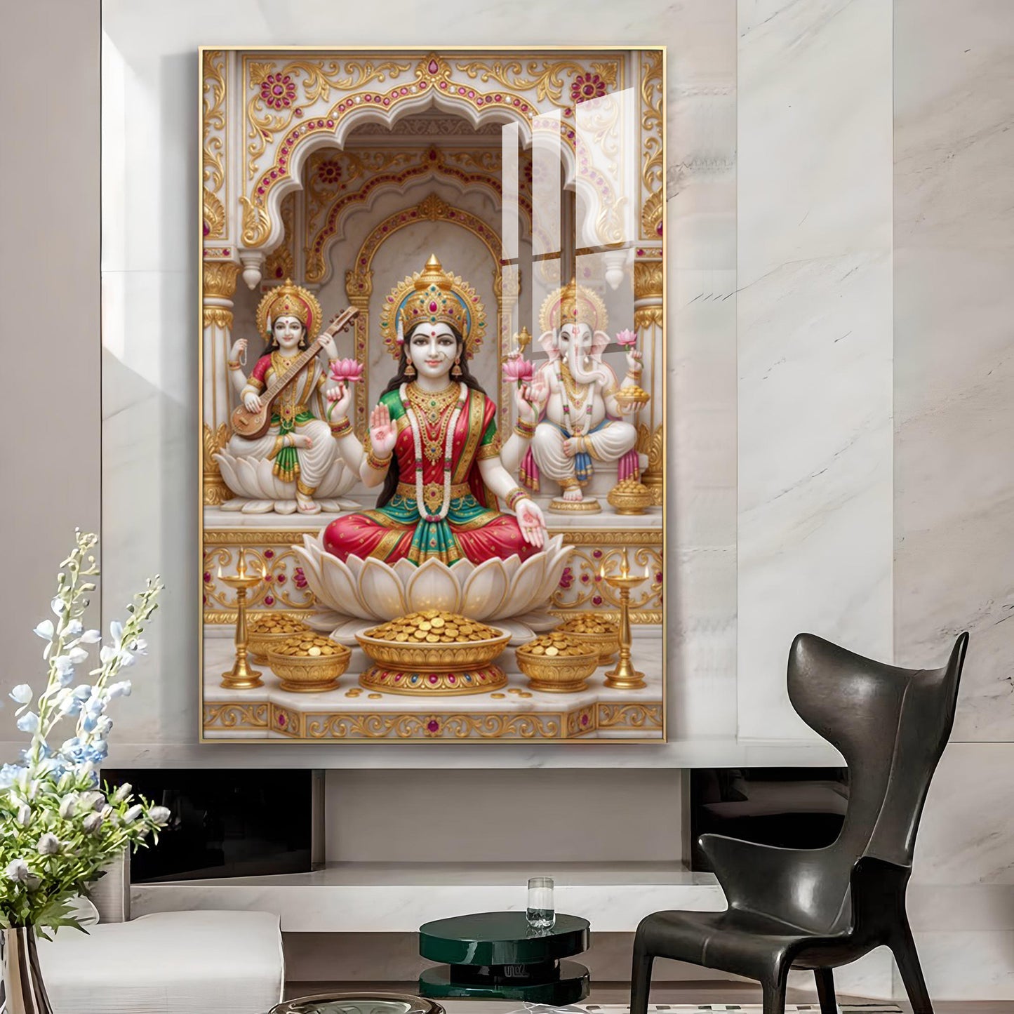 Religious Maa Laxmi Glass Finish Vertical Wall Art