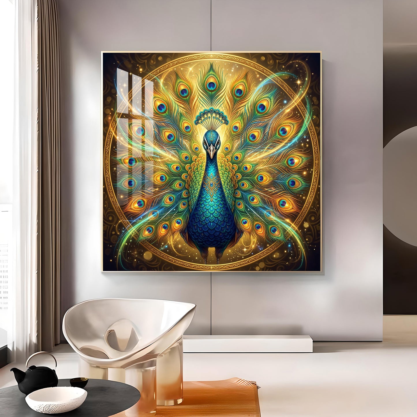 Style Peacock Glass Finish Square Wall Art