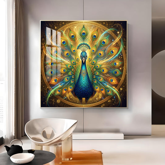 Style Peacock Glass Finish Square Wall Art