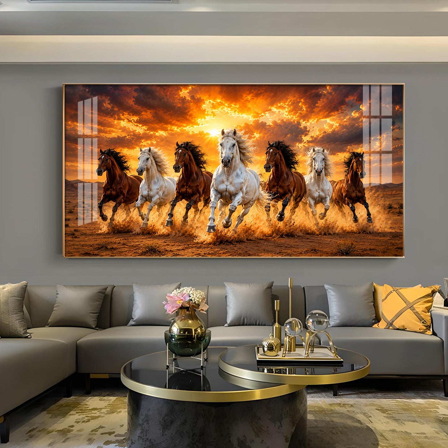 7 Running Horses Glass Finish Horizontal Wall Art